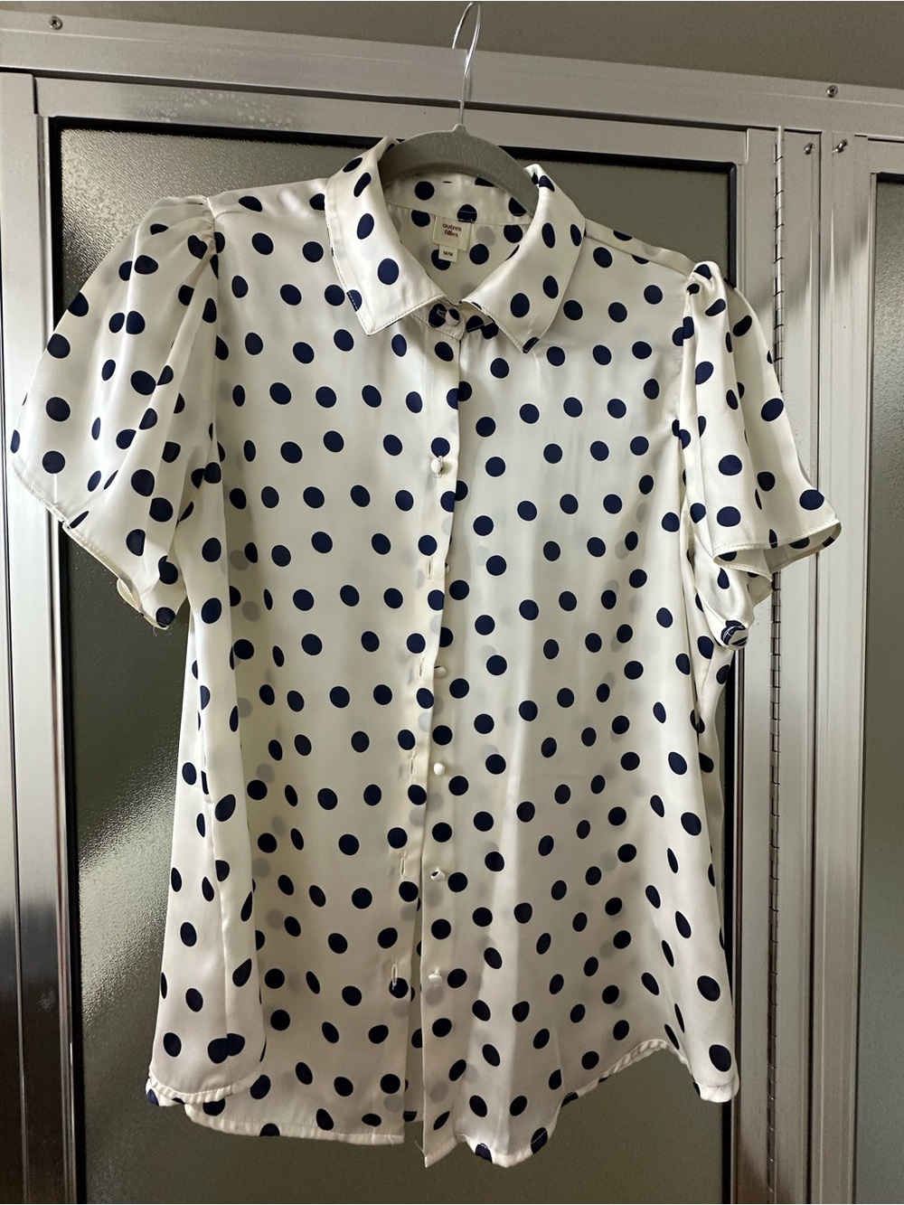 White Polka Dot Button-Up Blouse - Navy Dots